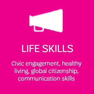 graphic that reads Life Skills civic engagement, healthy living, global citizenship, communication skills