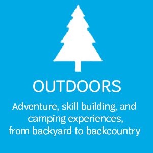 Graphic that reads Outdoors adventure, skill building, and camping experiences, from backyard to back country