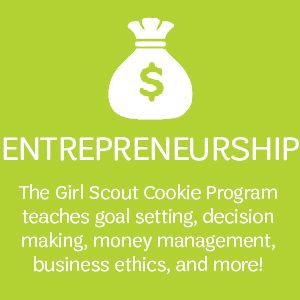 Graphic that reads Entrepreneurship The Girl Scout Cookie Program teaches goal setting, decision making, money management, business ethics and more! 